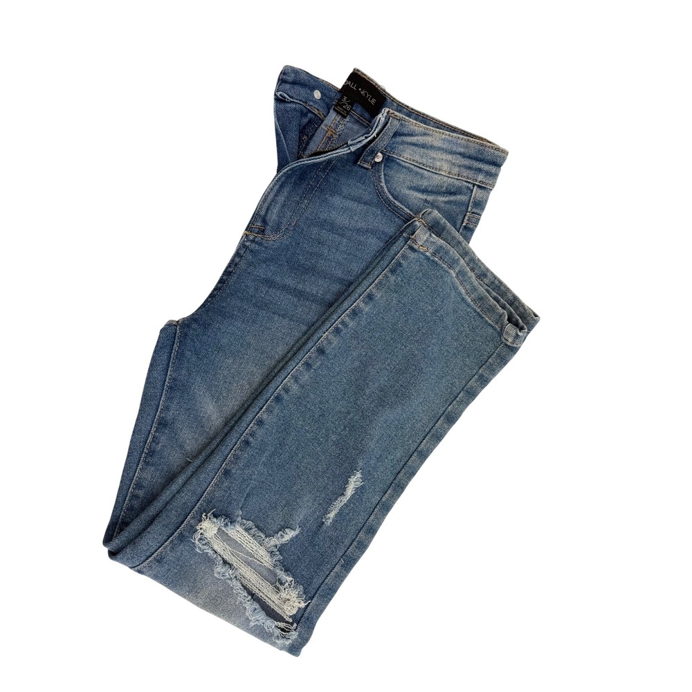 Kendall + Kylie The Icon High Rise Straight Jeans 3/26 Denim Blue Distressed